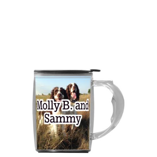 Custom mug with handle personalized with photo and the saying "Molly B. and Sammy"