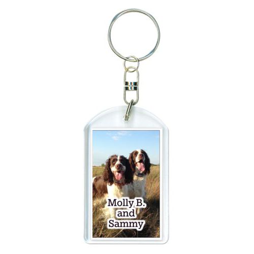 Personalized plastic keychain personalized with photo and the saying "Molly B. and Sammy"