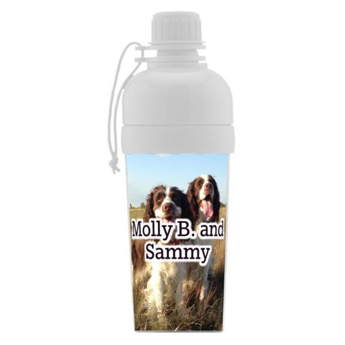 Water bottle for girls personalized with photo and the saying "Molly B. and Sammy"