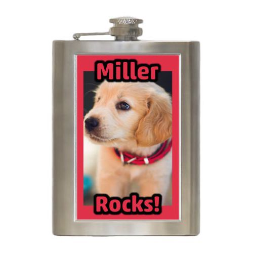 Personalized 8oz flask personalized with photo and the sayings "Miller" and "Rocks!"