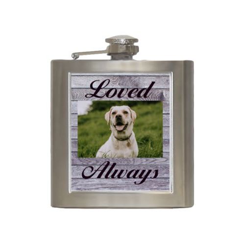 Personalized 6oz flask personalized with grey wood pattern and photo and the sayings "Loved" and "Always"