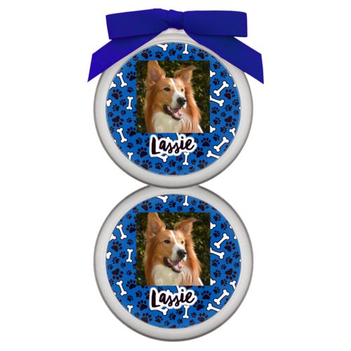 Personalized ornament personalized with evidence pattern and photo and the saying "Lassie"