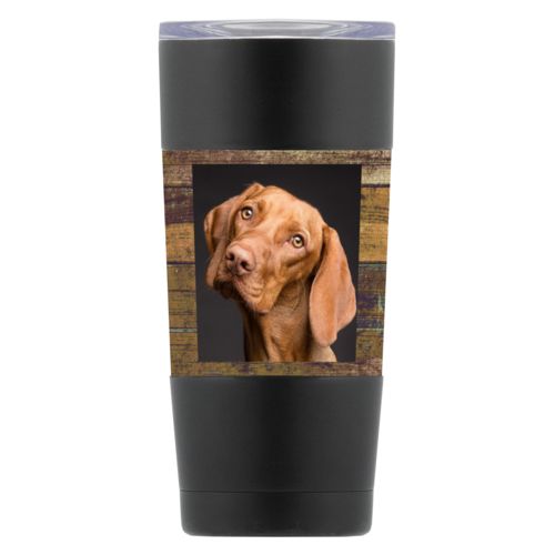 Personalized insulated steel mug personalized with brown rustic pattern and photo