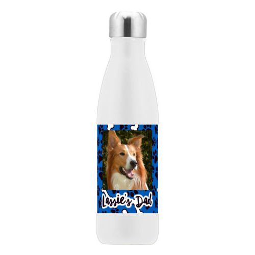 Vacuum insulated bottle personalized with evidence pattern and photo and the saying "Lassie's Dad"