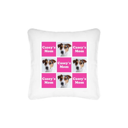 Personalized pillow personalized with a photo and the saying "Casey's Mom" in juicy pink and white