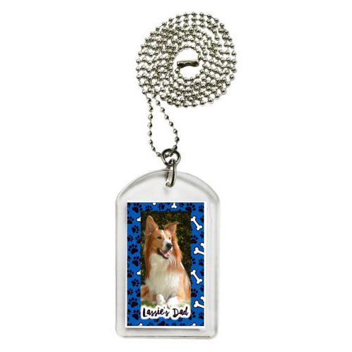 Personalized dog tag personalized with evidence pattern and photo and the saying "Lassie's Dad"