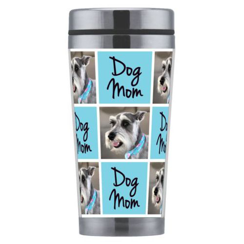 Personalized coffee mug personalized with a photo and the saying "dog mom" in black and sweet teal