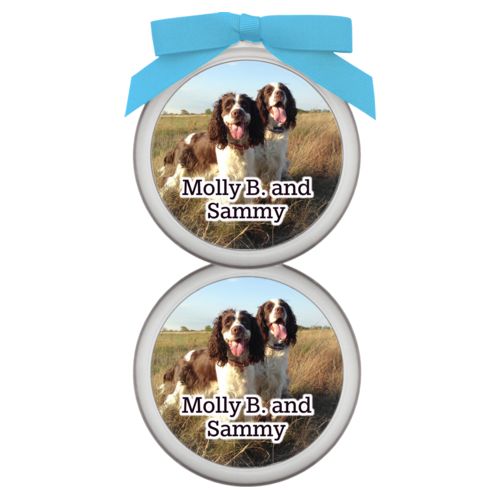 Personalized ornament personalized with photo and the saying "Molly B. and Sammy"