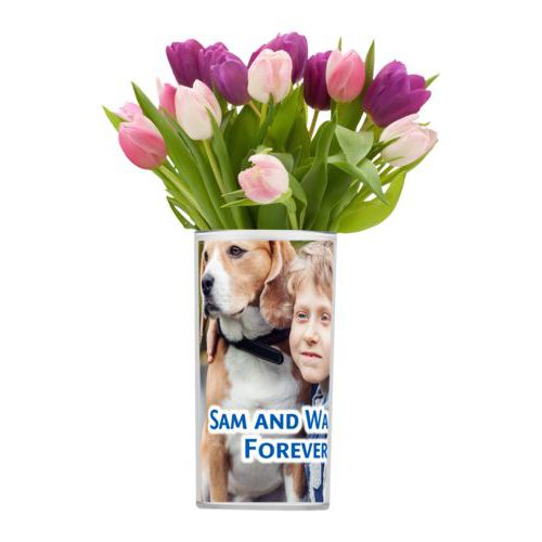 Personalized vase personalized with photo and the saying "Sam and Walter Forever!"