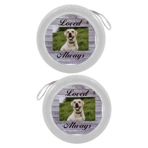 Personalized yoyo personalized with grey wood pattern and photo and the saying "Loved Always"