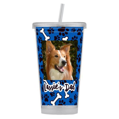 Personalized tumbler personalized with evidence pattern and photo and the saying "Lassie's Dad"
