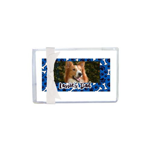 Personalized enclosure cards personalized with evidence pattern and photo and the saying "Lassie's Dad"