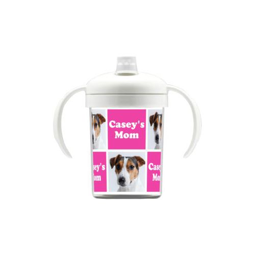 Personalized sippycup personalized with a photo and the saying "Casey's Mom" in juicy pink and white