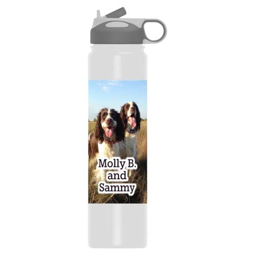 Custom water bottle personalized with photo and the saying "Molly B. and Sammy"