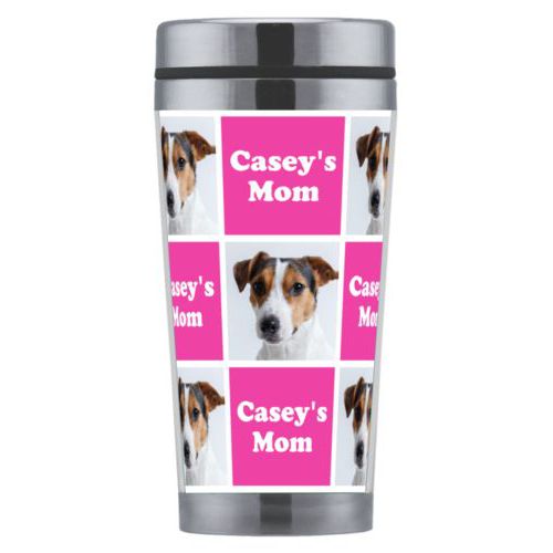 Personalized coffee mug personalized with a photo and the saying "Casey's Mom" in juicy pink and white