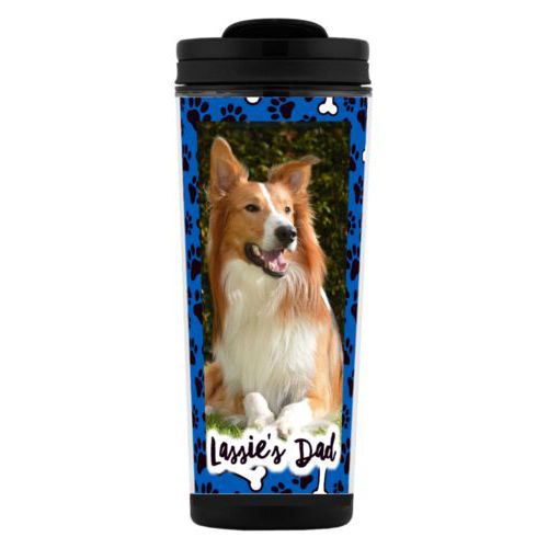 Custom tall coffee mug personalized with evidence pattern and photo and the saying "Lassie's Dad"
