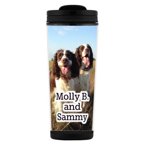 Custom tall coffee mug personalized with photo and the saying "Molly B. and Sammy"