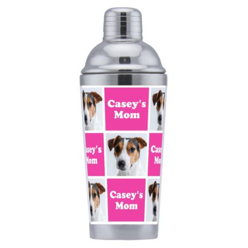Cocktail shaker personalized with a photo and the saying "Casey's Mom" in juicy pink and white