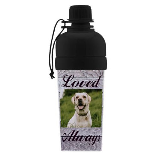 Water bottle for girls personalized with grey wood pattern and photo and the sayings "Loved" and "Always"
