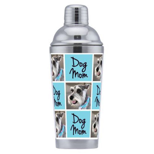 Cocktail shaker personalized with a photo and the saying "dog mom" in black and sweet teal