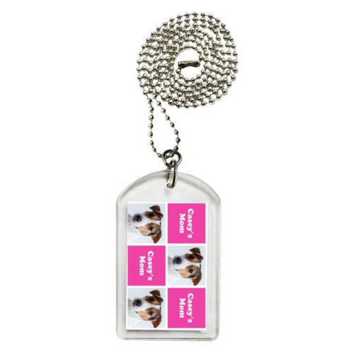 Personalized dog tag personalized with a photo and the saying "Casey's Mom" in juicy pink and white