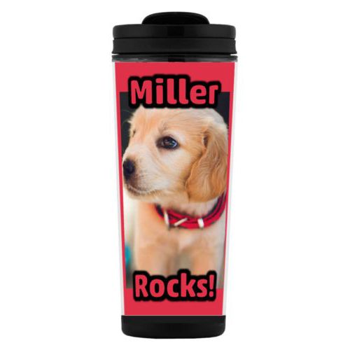 Custom tall coffee mug personalized with photo and the sayings "Miller" and "Rocks!"