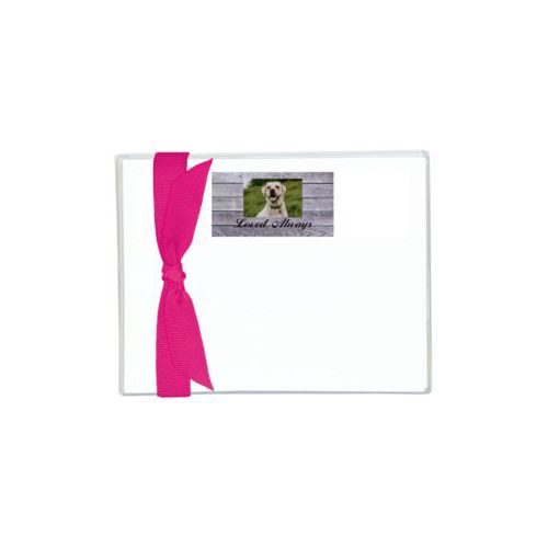Personalized flat cards personalized with grey wood pattern and photo and the saying "Loved Always"