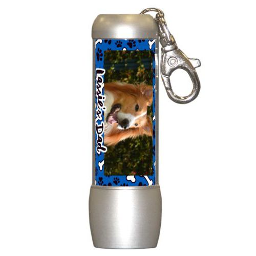 Personalized flashlight personalized with evidence pattern and photo and the saying "Lassie's Dad"