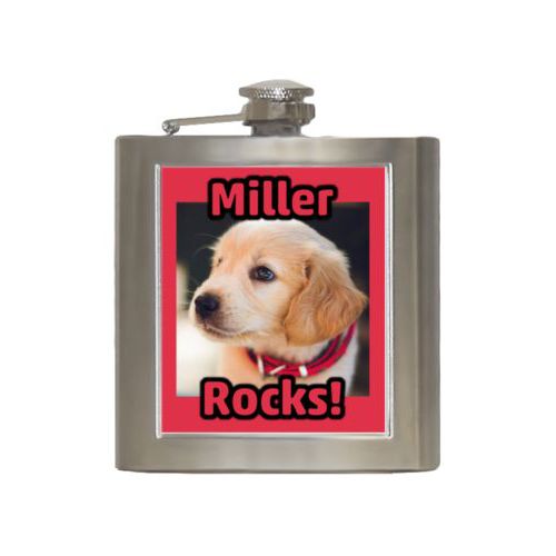 Personalized 6oz flask personalized with photo and the sayings "Miller" and "Rocks!"