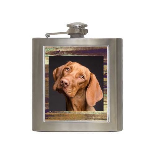 Personalized 6oz flask personalized with brown rustic pattern and photo