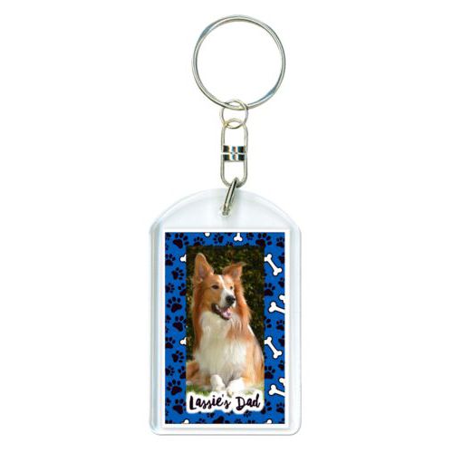 Personalized plastic keychain personalized with evidence pattern and photo and the saying "Lassie's Dad"