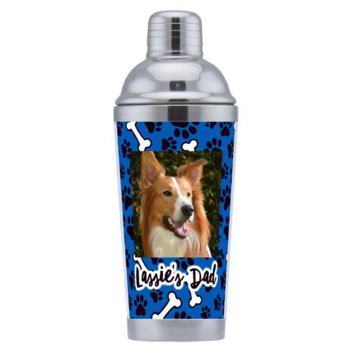 Cocktail shaker personalized with evidence pattern and photo and the saying "Lassie's Dad"