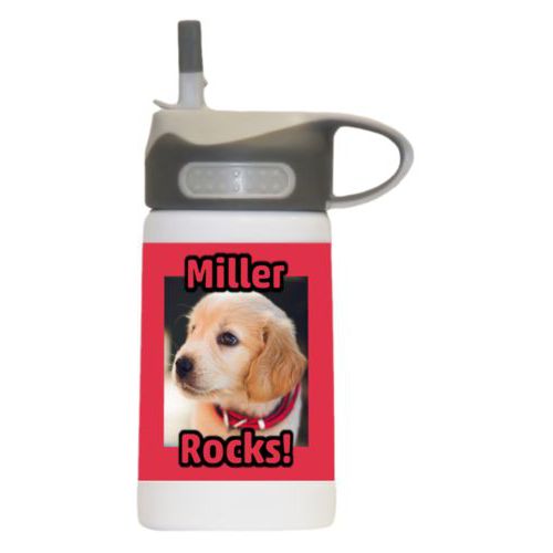 Kids water bottle for school personalized with photo and the sayings "Miller" and "Rocks!"