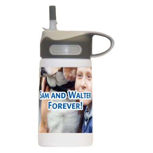 Water bottle for kids personalized with photo and the saying "Sam and Walter Forever!"