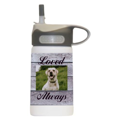 Water bottle for girls personalized with grey wood pattern and photo and the sayings "Loved" and "Always"