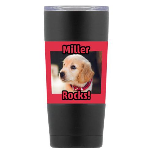 Personalized insulated steel mug personalized with photo and the sayings "Miller" and "Rocks!"