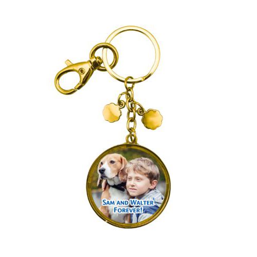 Personalized metal keychain personalized with photo and the saying "Sam and Walter Forever!"
