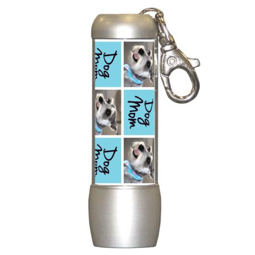Personalized flashlight personalized with a photo and the saying "dog mom" in black and sweet teal
