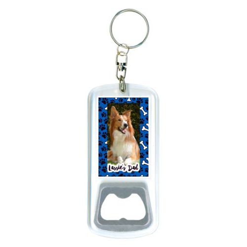 Personalized bottle opener personalized with evidence pattern and photo and the saying "Lassie's Dad"