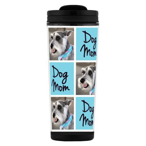 Custom tall coffee mug personalized with a photo and the saying "dog mom" in black and sweet teal