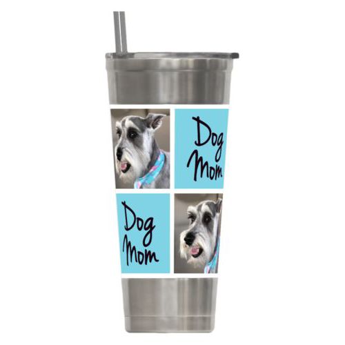 Personalized insulated steel tumbler personalized with a photo and the saying "dog mom" in black and sweet teal
