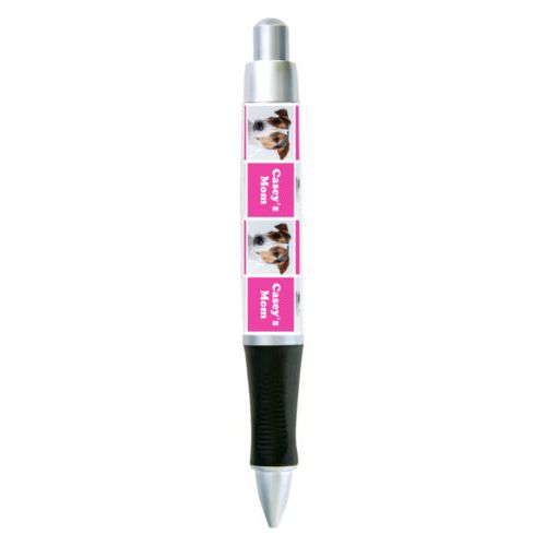 Personalized pen personalized with a photo and the saying "Casey's Mom" in juicy pink and white