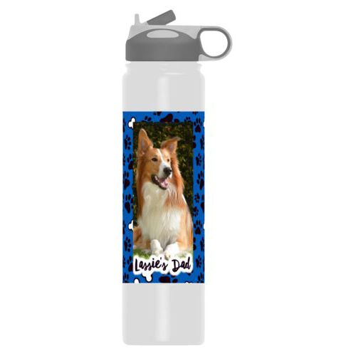 Custom water bottle personalized with evidence pattern and photo and the saying "Lassie's Dad"