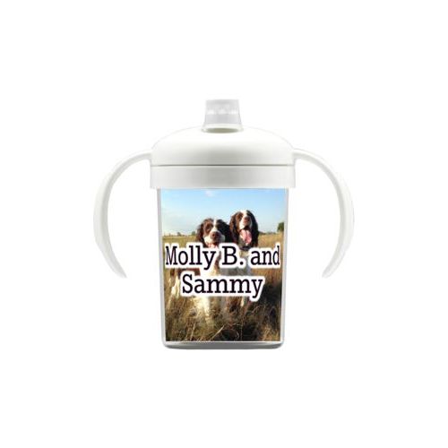 Personalized sippycup personalized with photo and the saying "Molly B. and Sammy"