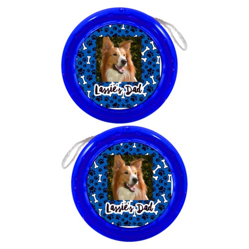 Personalized yoyo personalized with evidence pattern and photo and the saying "Lassie's Dad"