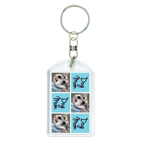 Personalized plastic keychain personalized with a photo and the saying "dog mom" in black and sweet teal
