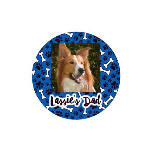 Personalized coaster personalized with evidence pattern and photo and the saying "Lassie's Dad"