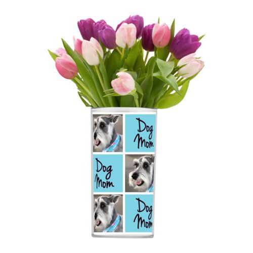 Personalized vase personalized with a photo and the saying "dog mom" in black and sweet teal