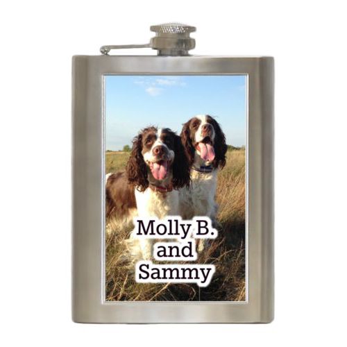 Personalized 8oz flask personalized with photo and the saying "Molly B. and Sammy"