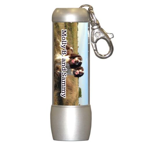 Personalized flashlight personalized with photo and the saying "Molly B. and Sammy"